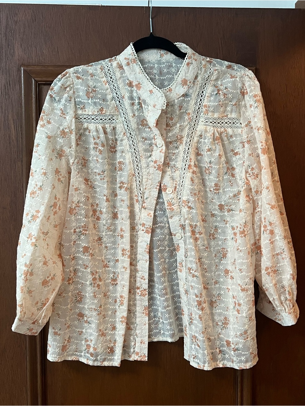 NWOT Women's Floral Lace-Trim Blouse in Cream and Orange with Embroidery